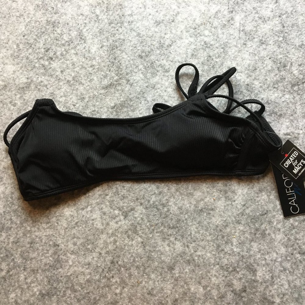 California Waves Bikini Top S Solid Black Ribbed Knit Strappy Cage Back Bralette